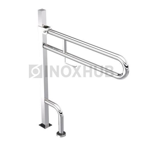 Поручень двойной откидной с опорой в пол с бумагодержателем, Ø38 мм, AISI 201, GRIT 600