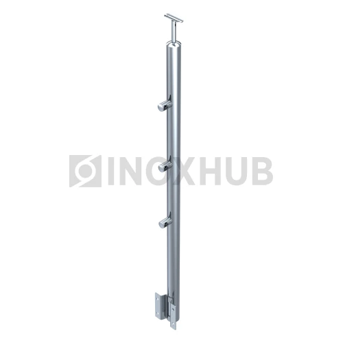 Стойка ограждения в сборе круглая с боковым креплением, 3 ригеледержателя, Ø38.1×900 мм, AISI 304, GRIT 600 Стойка ограждения в сборе круглая с боковым креплением, 3 ригеледержателя, Ø38.1×900 мм, AISI 304, GRIT 600