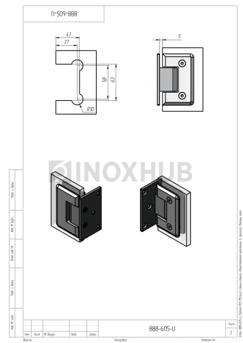 Петля (305 PBrass) стена-стекло, одностороннее крепление, (с фаской), латунь, полированный хром