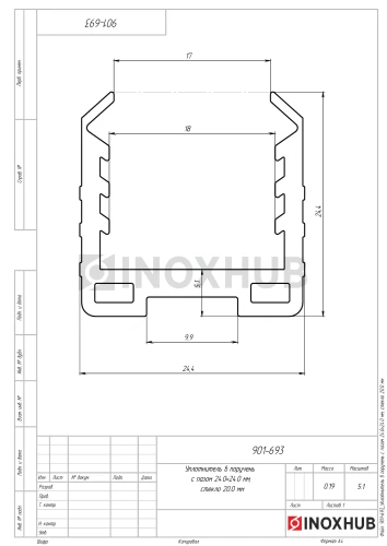 Уплотнитель в поручень с пазом 24.0×24.0 мм, стекло 20.0 мм, кратно 3 м, серый