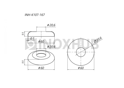 Низ стойки малый декоративный, Ø20.0 мм, AISI 304, GRIT 600