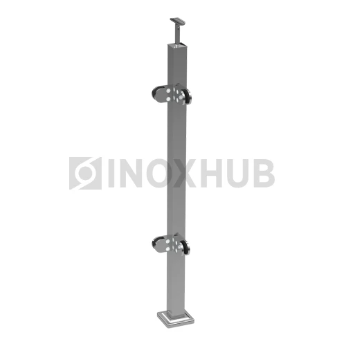 Стойка ограждения в сборе квадратная с фланцем, 4 стеклодержателя, угловая, 40×40×900 мм, AISI 304, GRIT 600