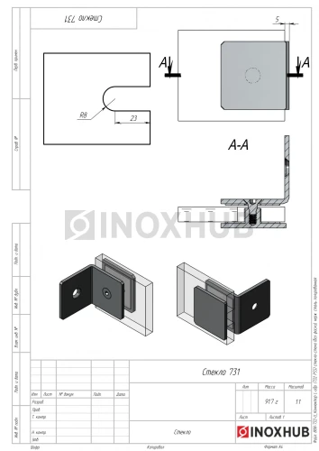 Коннектор L-обр. (732 PSS) стекло-стена (без фаски), нерж. сталь полированная Коннектор L-обр. (732 PSS) стекло-стена (без фаски), нерж. сталь полированная