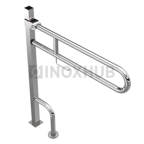Поручень двойной откидной с опорой в пол с бумагодержателем, Ø32 мм, AISI 304, GRIT 600