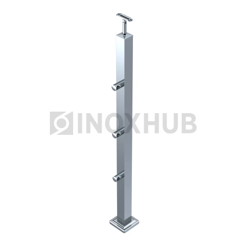 Стойка ограждения в сборе квадратная с фланцем, 3 ригеледержателя, 40×40×900 мм, AISI 304, GRIT 600