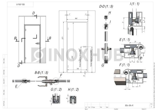 Комплект (804AL-L) дверной коробки в цельностеклянный проем, левый, 2086×2086×890 мм, Анодированный алюминий