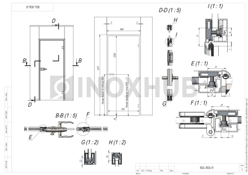 Комплект (804AL-R) дверной коробки в цельностеклянный проем, правый, 2086×2086×890 мм, Анодированный алюминий