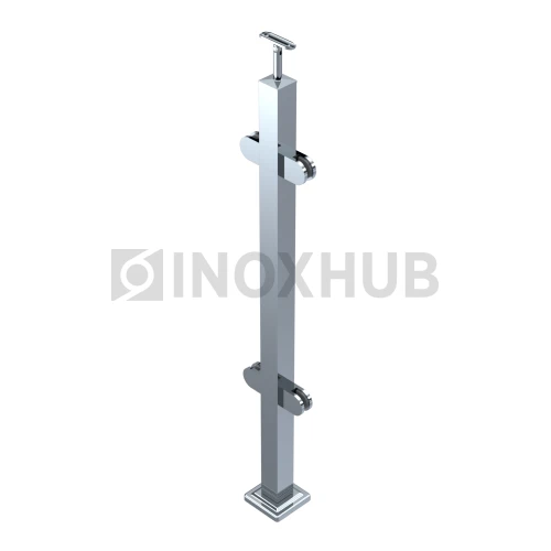 Стойка ограждения в сборе квадратная с фланцем, 4 стеклодержателя, 40×40×900 мм, AISI 304, GRIT 600 Стойка ограждения в сборе квадратная с фланцем, 4 стеклодержателя, 40×40×900 мм, AISI 304, GRIT 600